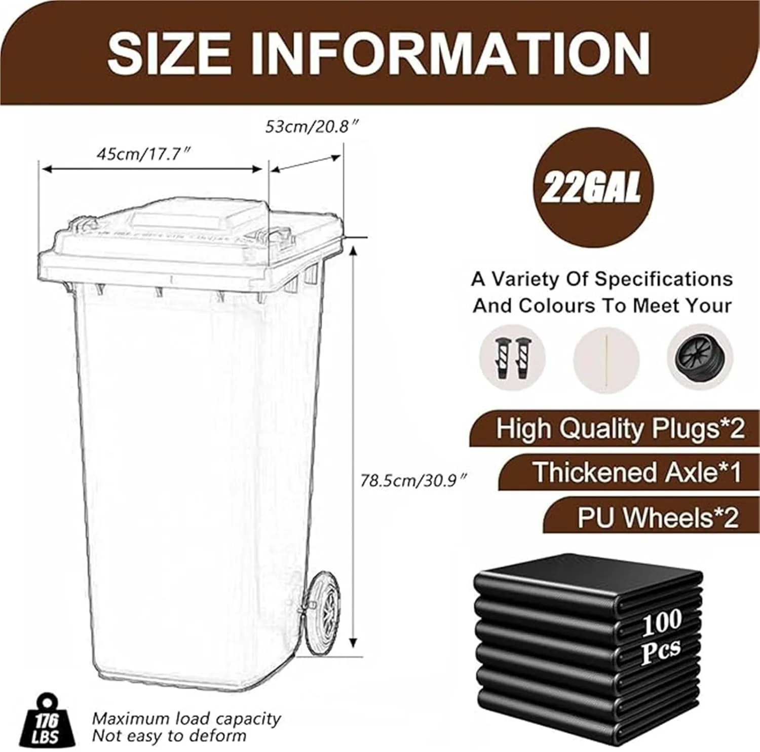 Outdoor Trash Cans 18/22/27/53 Gallon Large Garbage Can Outdoor Wheeled Trash Can with Lid ＆ Wheels, Garage Trash Can with Handles ＆ 100-PCS Organizer Bag for Patio Backyard Deck Roadside(Yellow,100L/