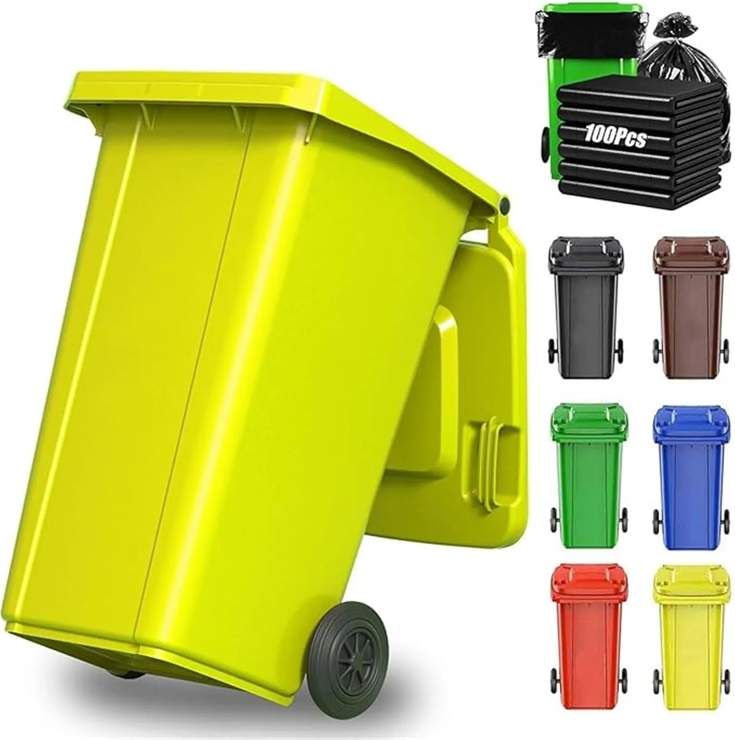 Outdoor Trash Cans 18/22/27/53 Gallon Large Garbage Can Outdoor Wheeled Trash Can with Lid ＆ Wheels, Garage Trash Can with Handles ＆ 100-PCS Organizer Bag for Patio Backyard Deck Roadside(Yellow,100L/