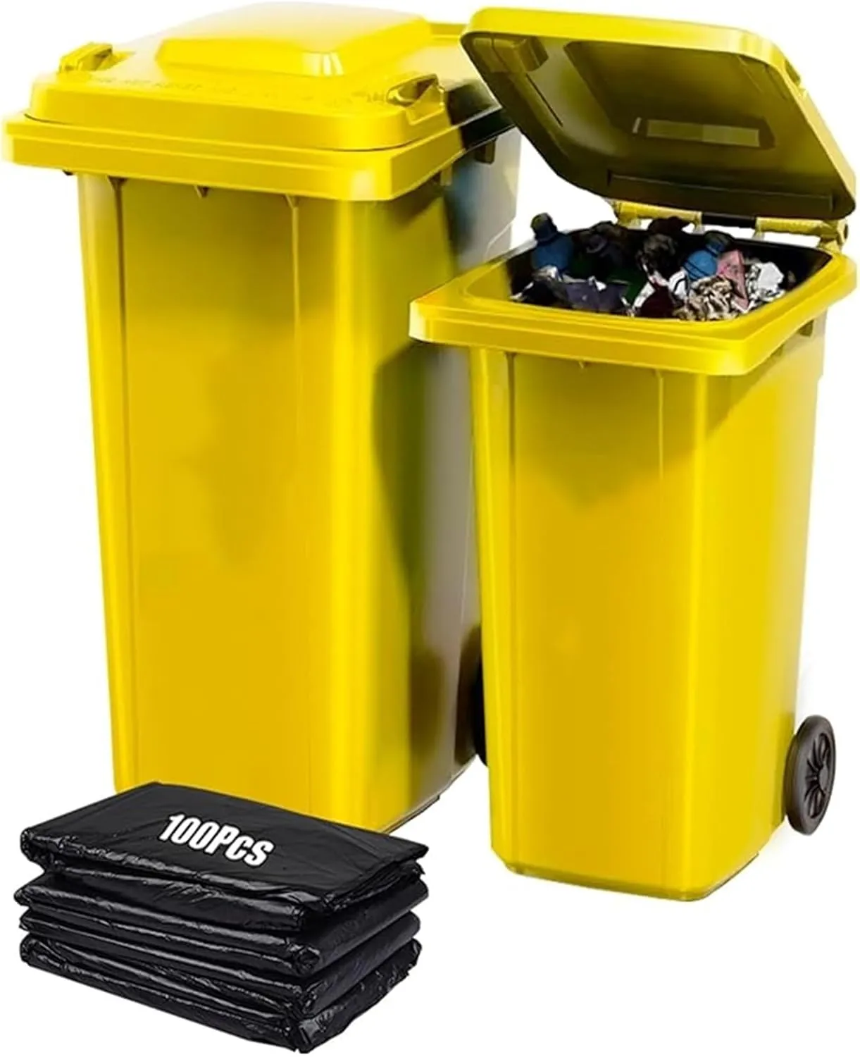 Outdoor Trash Cans Outdoor Garbage Can 18/22/27/53 Gallon Large Kitchen Trash Can Terrace Patio Garbage Can Outdoor Wheeled Trash Container with Lid ＆ 100-Pcs Storage Bag For Outdoor Backyard(Yellow,1