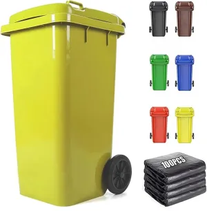Outdoor Trash Cans Outdoor Garbage Can Wheeled Trash Can with Lid,100-Pcs Garbage Bag,Large Garage Trash Can(Yellow,120L)