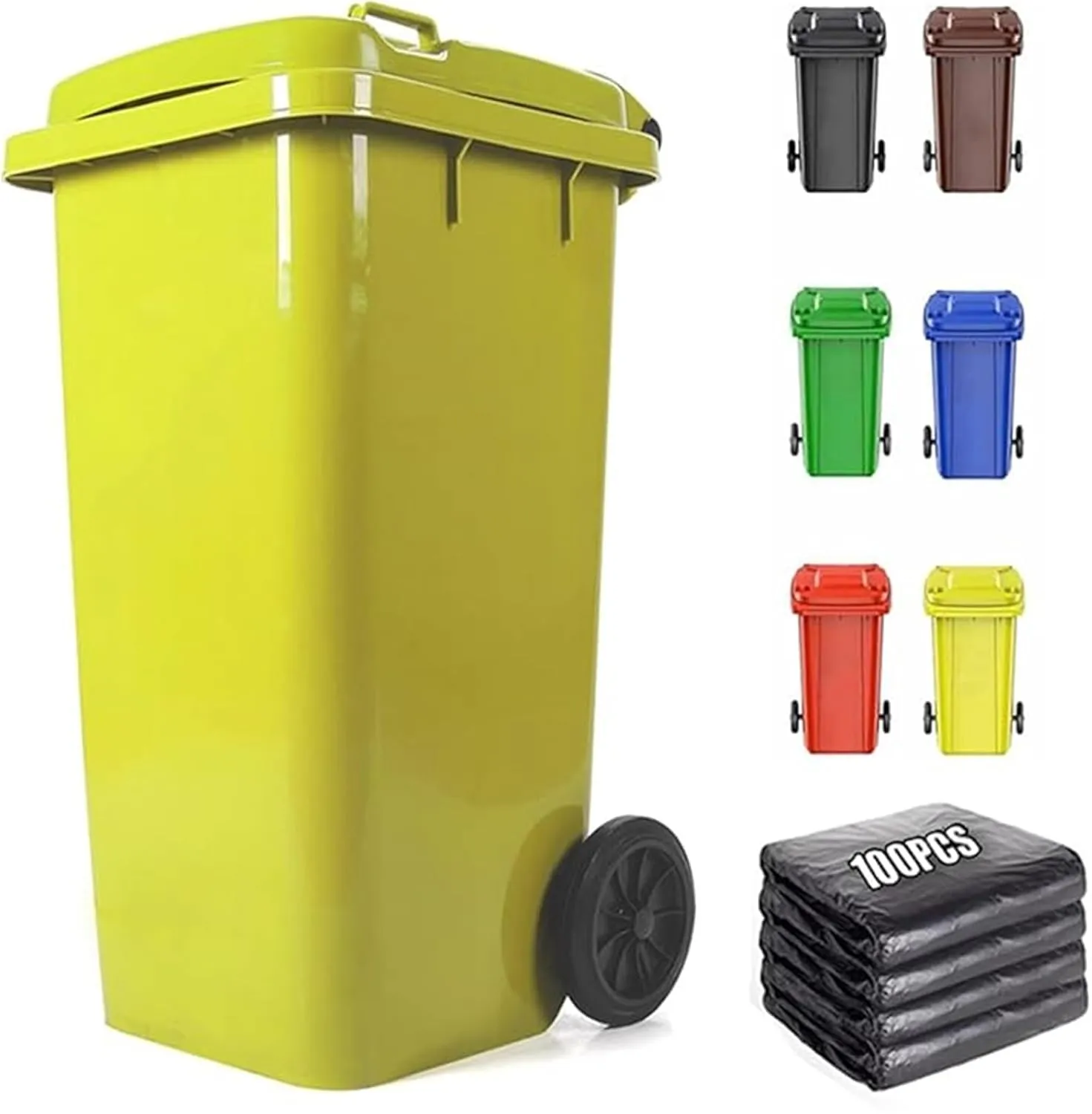 Outdoor Trash Cans Outdoor Garbage Can Wheeled Trash Can with Lid,100-Pcs Garbage Bag,Large Garage Trash Can(Yellow,120L)