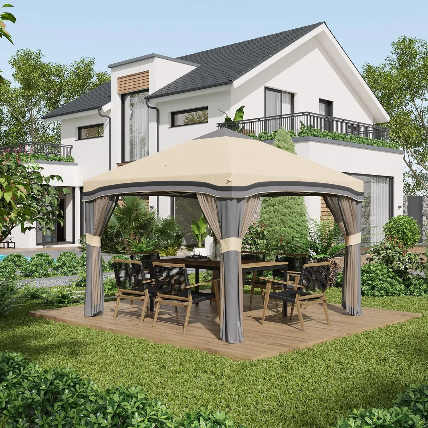 Outsunny 10' x 10' Pop Up Canopy Tent with Netting, Instant Tents for Parties, Height Adjustable, with Wheeled Carry Bag and 4 Sand Bags for Outdoor, Garden, Patio, Beige