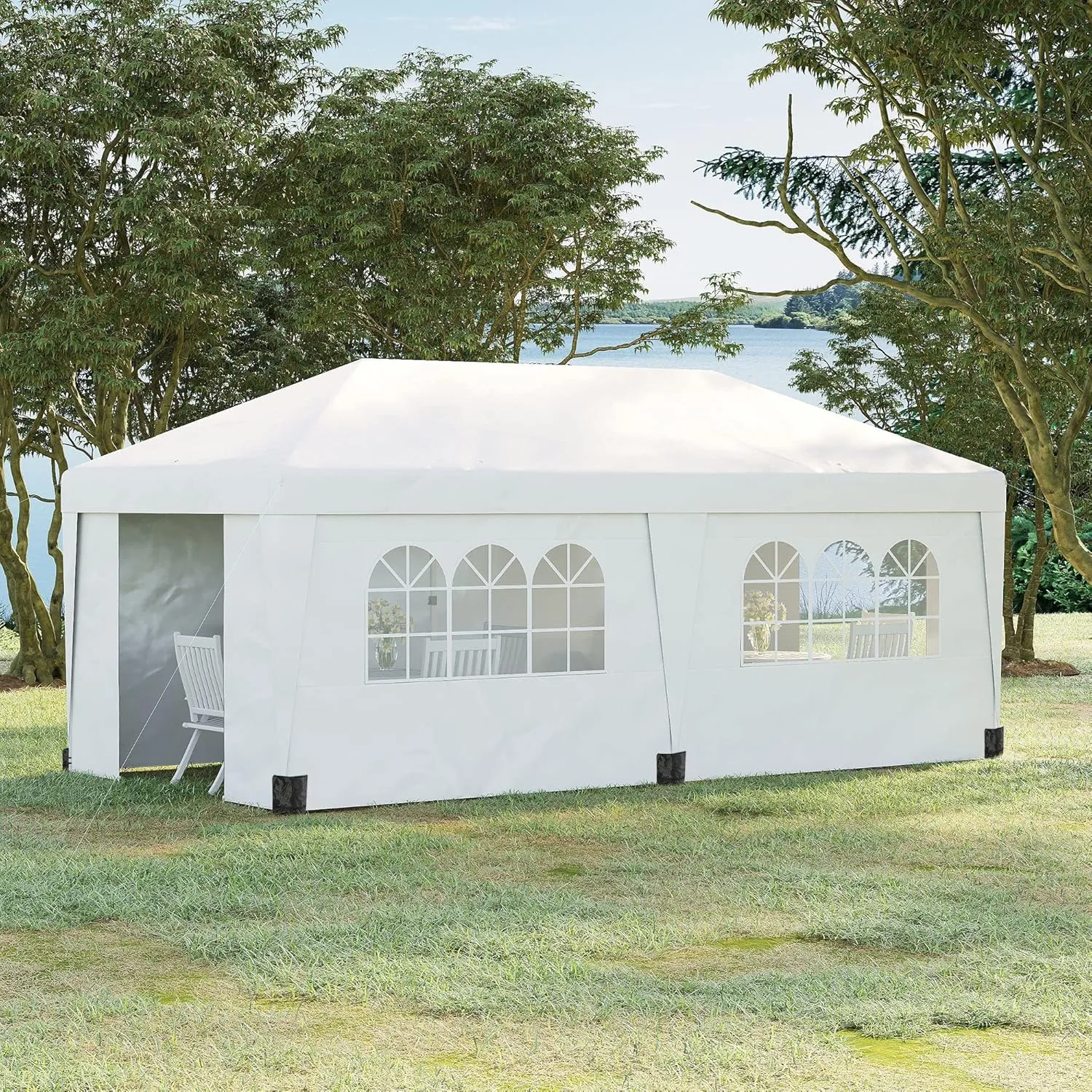 Outsunny 10' x 19.5' Pop Up Canopy Tent with Sidewalls, UPF 30  Height Adjustable Large Party Tent Event Shelter with Leg Weight Bags and Wheeled Carry Bag for Garden, Patio, White
