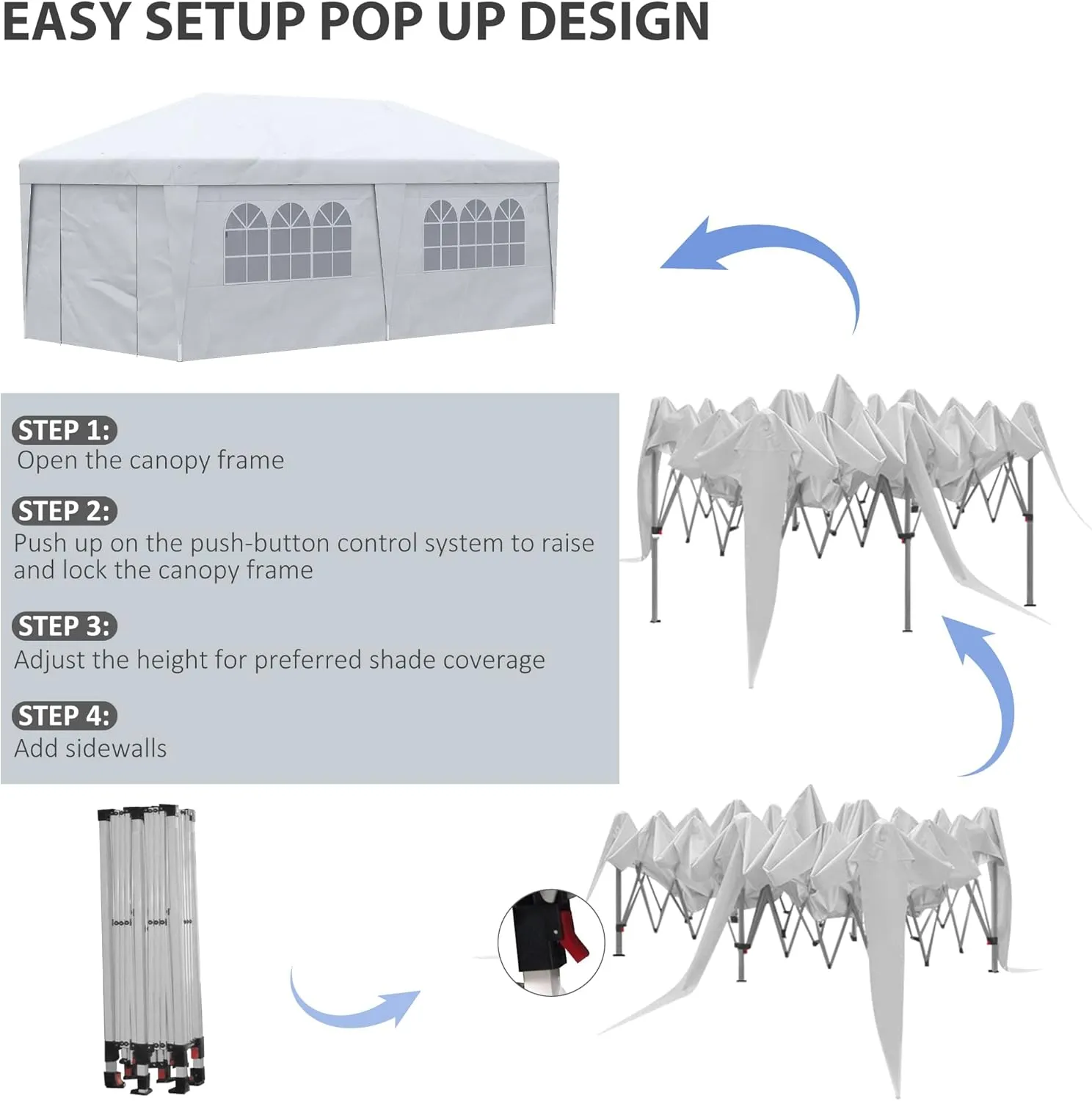 Outsunny 10' x 19.5' Pop Up Canopy Tent with Sidewalls, UPF 30  Height Adjustable Large Party Tent Event Shelter with Leg Weight Bags and Wheeled Carry Bag for Garden, Patio, White