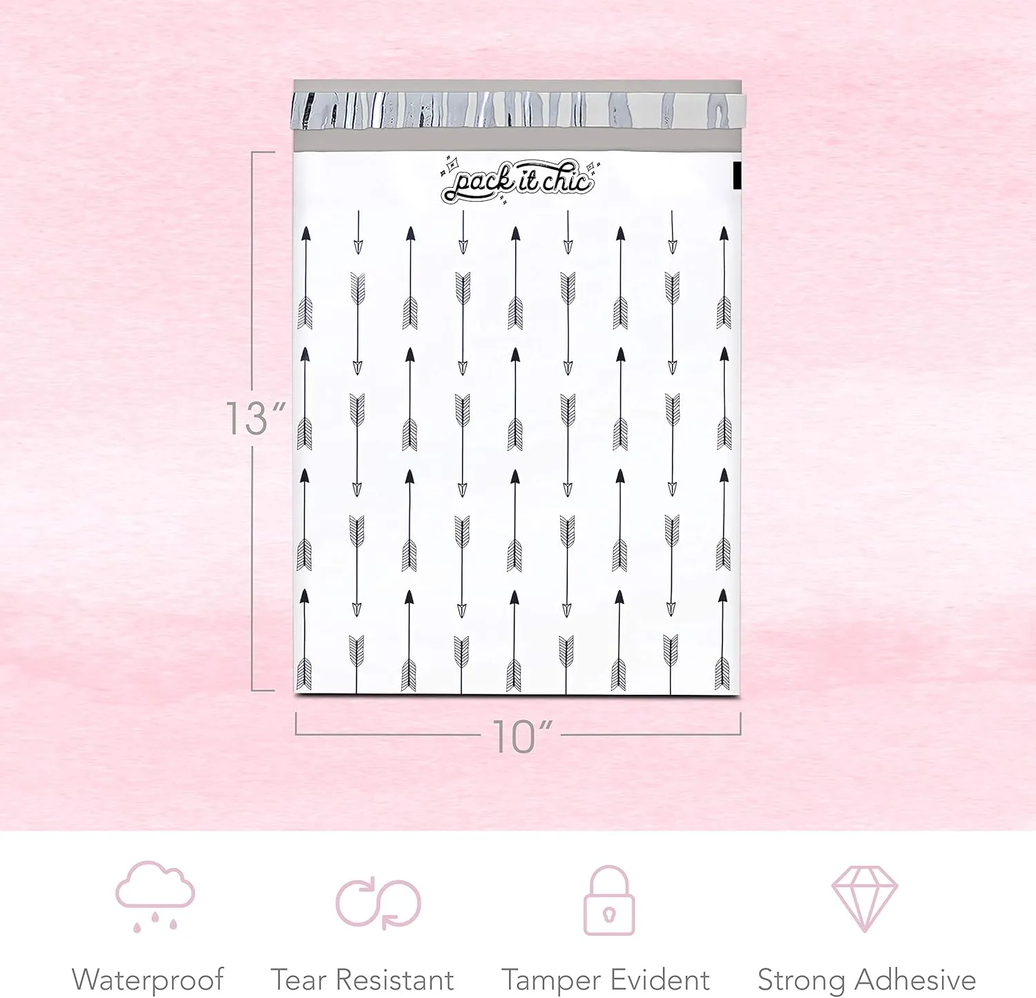 Pack It Chic - 10X13 (100 Pack) Arrows Pattern Poly Mailer Envelope Plastic Custom Mailing & Shipping Bags - Self Seal