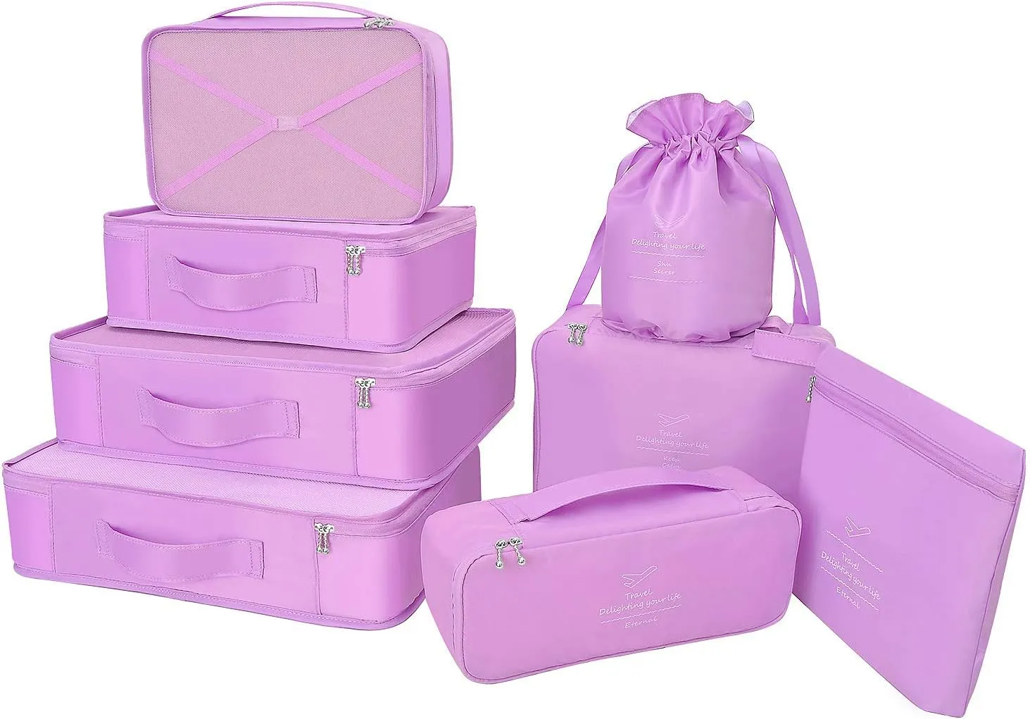 Packing Cubes 8 Sets/7 Colors Travel Luggage Organizers Include Waterproof Shoe Storage Bag Convenient Compression Pouches for Traveller (Purple)
