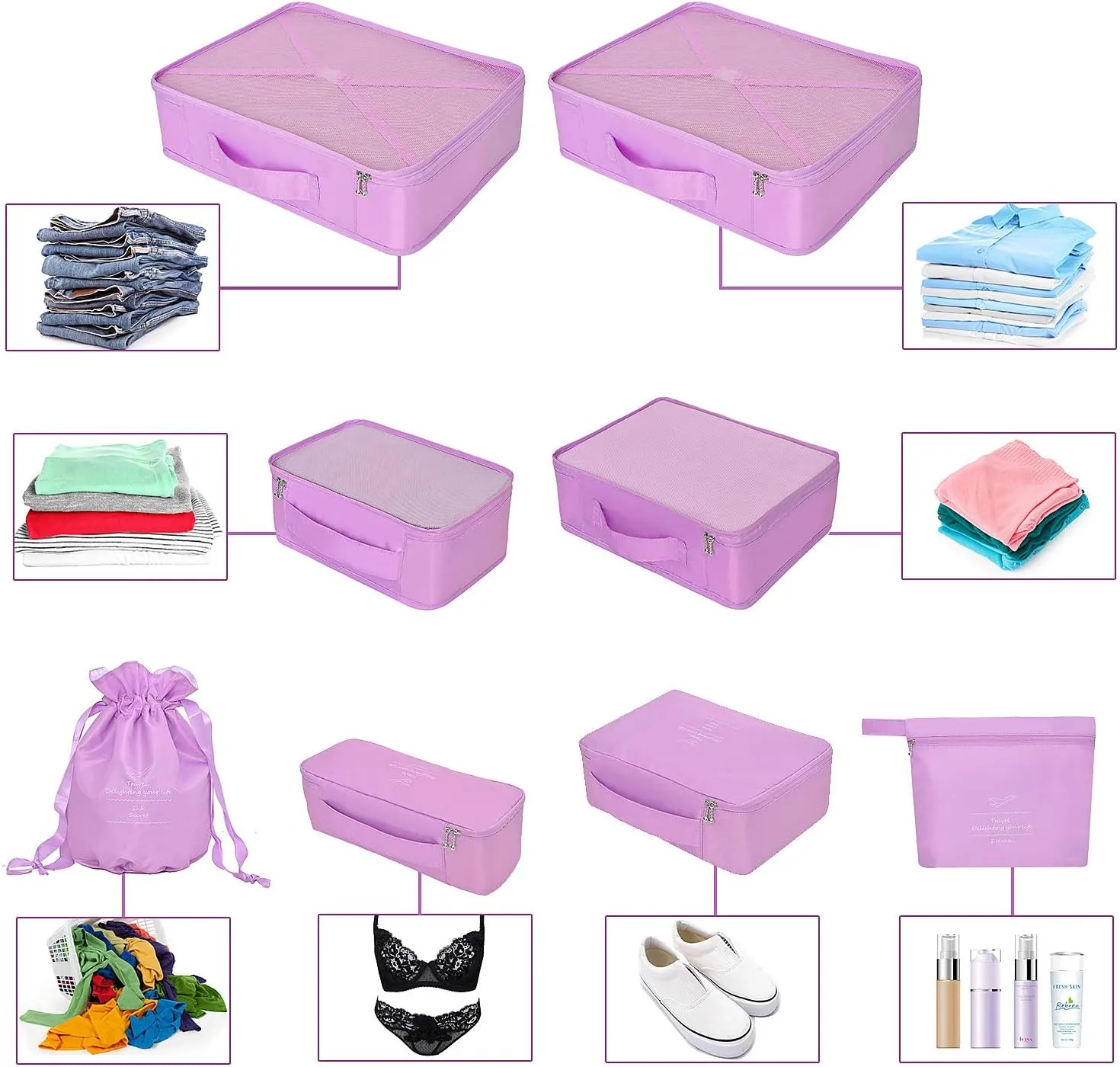 Packing Cubes 8 Sets/7 Colors Travel Luggage Organizers Include Waterproof Shoe Storage Bag Convenient Compression Pouches for Traveller (Purple)