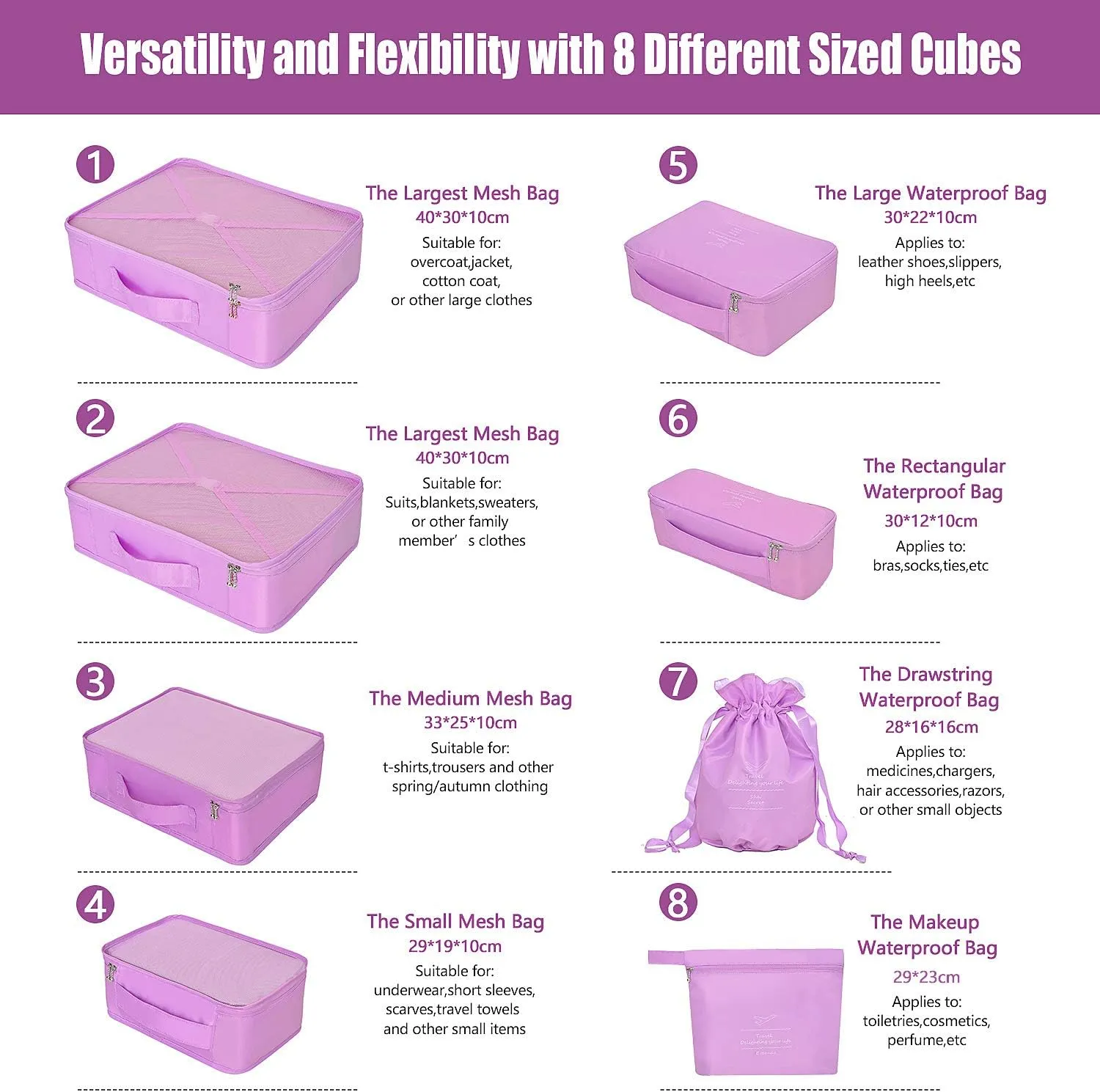Packing Cubes 8 Sets/7 Colors Travel Luggage Organizers Include Waterproof Shoe Storage Bag Convenient Compression Pouches for Traveller (Purple)