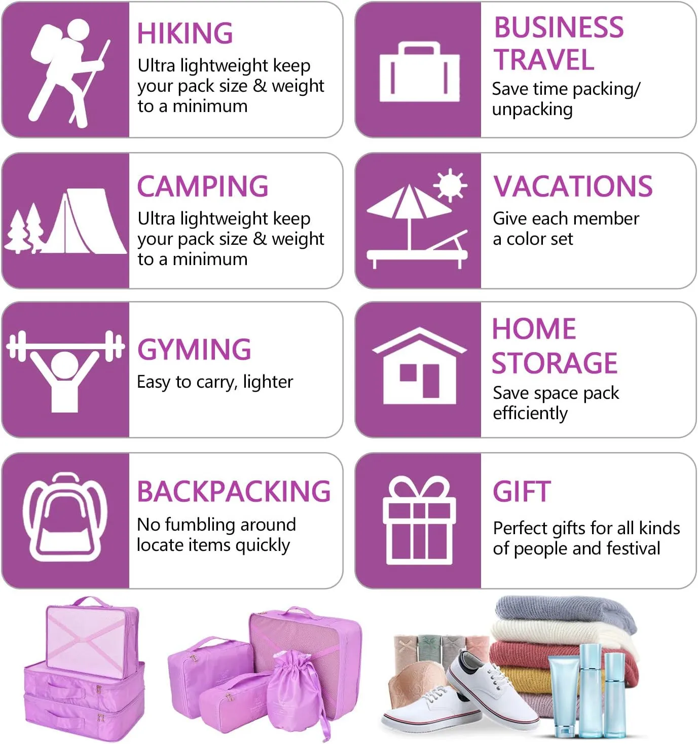 Packing Cubes 8 Sets/7 Colors Travel Luggage Organizers Include Waterproof Shoe Storage Bag Convenient Compression Pouches for Traveller (Purple)