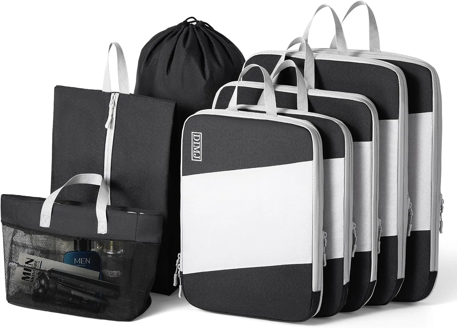 Packing Cubes for Travel, DIMJ Large Capacity Compression Packing Cubes Sturdy Compression Packing Cubes Travel, Packing Cubes for Suitcases with Mesh Toiletry Bag, 8 Pack, White and Black