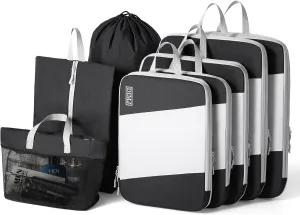 Packing Cubes for Travel, DIMJ Large Capacity Compression Packing Cubes Sturdy Compression Packing Cubes Travel, Packing Cubes for Suitcases with Mesh Toiletry Bag, 8 Pack, White and Black