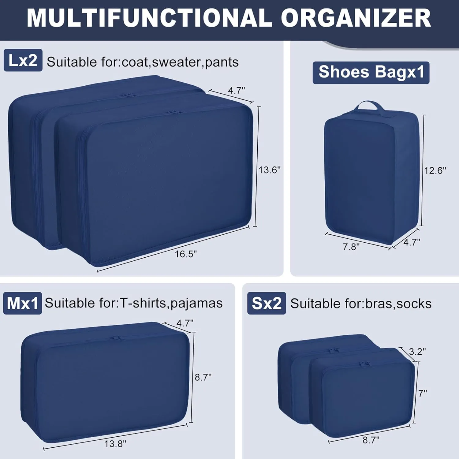 Packing cubes for Travel Luggage Organizer Bags 6 Set Packing Cubes for Suitcases Travel Essentials for Carry on Mesh Suitcase Organizer with Shoe Bag (Navy)