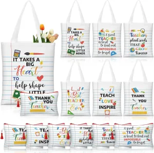 Paterr 12 Pcs Teacher Tote Bag for Teacher Appreciation Gifts in Bulk Funny Canvas Tote Bag with Makeup Bag Notebook Style Women Thank You Gifts Graduation Present for Office School Classroom Supplies