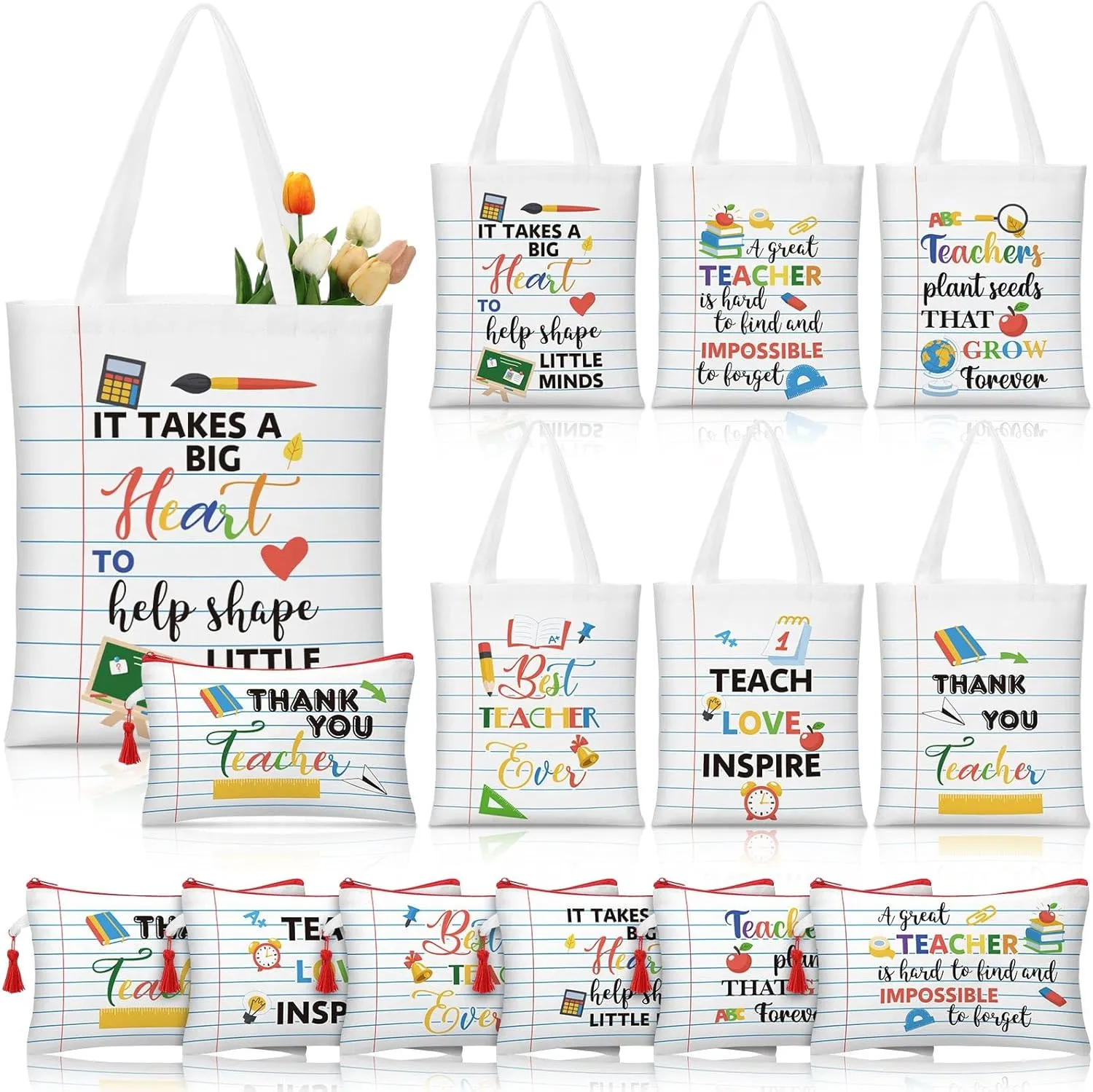Paterr 12 Pcs Teacher Tote Bag for Teacher Appreciation Gifts in Bulk Funny Canvas Tote Bag with Makeup Bag Notebook Style Women Thank You Gifts Graduation Present for Office School Classroom Supplies