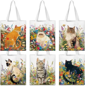 Paterr 6 Pack Cat Canvas Tote Bags Vintage Wildflowers Cute Tote Bags Cat Birthday Party Gift Bags with Handles Reusable Grocery Shopping Bags Birthday Gifts for Women
