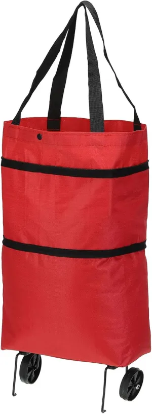 PATIKIL 13-18 Inch Foldable Shopping Bag with Wheels, Collapsible Trolley Bags Portable Grocery Bags Travel Bags for Vegetable Fruit Clothing Storage, Red