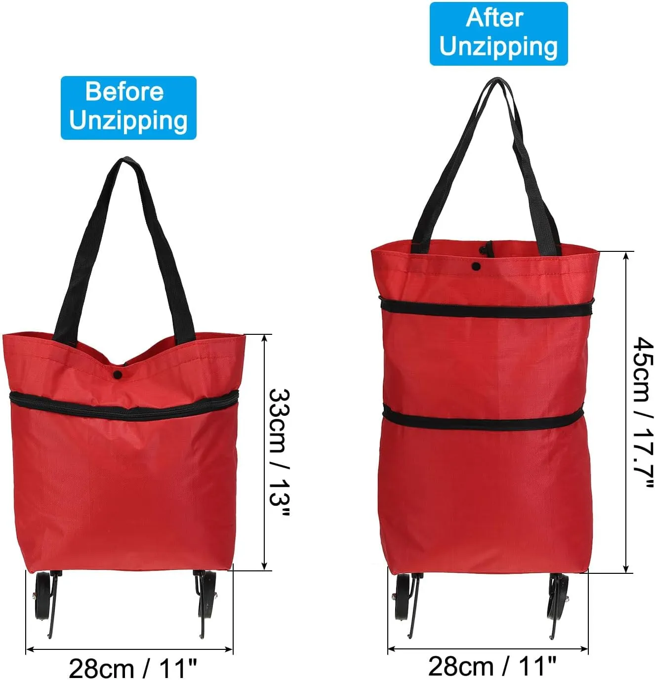 PATIKIL 13-18 Inch Foldable Shopping Bag with Wheels, Collapsible Trolley Bags Portable Grocery Bags Travel Bags for Vegetable Fruit Clothing Storage, Red