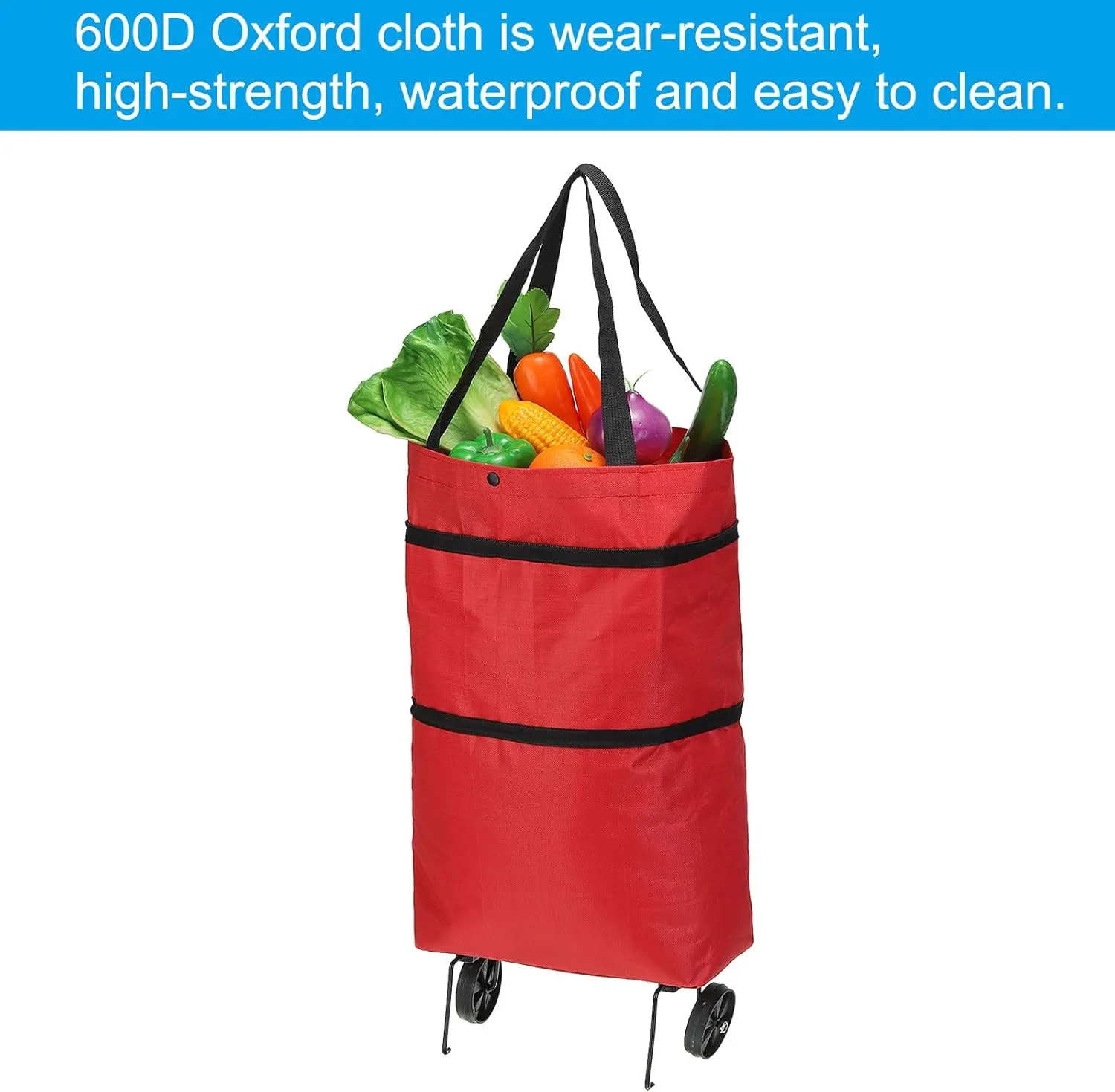 PATIKIL 13-18 Inch Foldable Shopping Bag with Wheels, Collapsible Trolley Bags Portable Grocery Bags Travel Bags for Vegetable Fruit Clothing Storage, Red