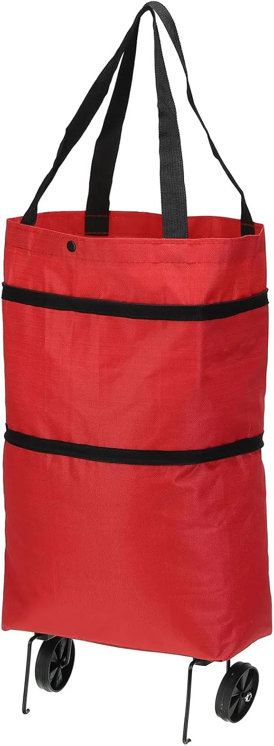 PATIKIL 13-18 Inch Foldable Shopping Bag with Wheels, Collapsible Trolley Bags Portable Grocery Bags Travel Bags for Vegetable Fruit Clothing Storage, Red