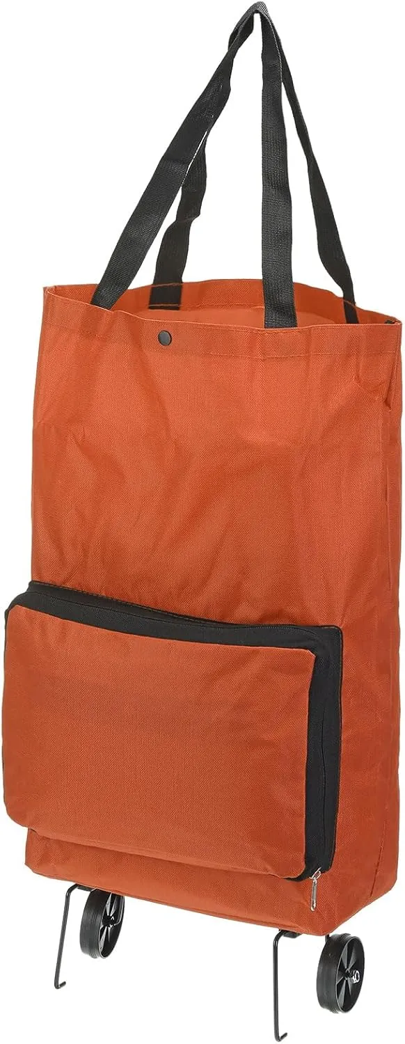 PATIKIL 13-18 Inch Foldable Shopping Cart, Collapsible Trolley Bags Reusable Shopping Bags Grocery Bags with Wheels for Vegetable Fruit Clothing Storage, Orange