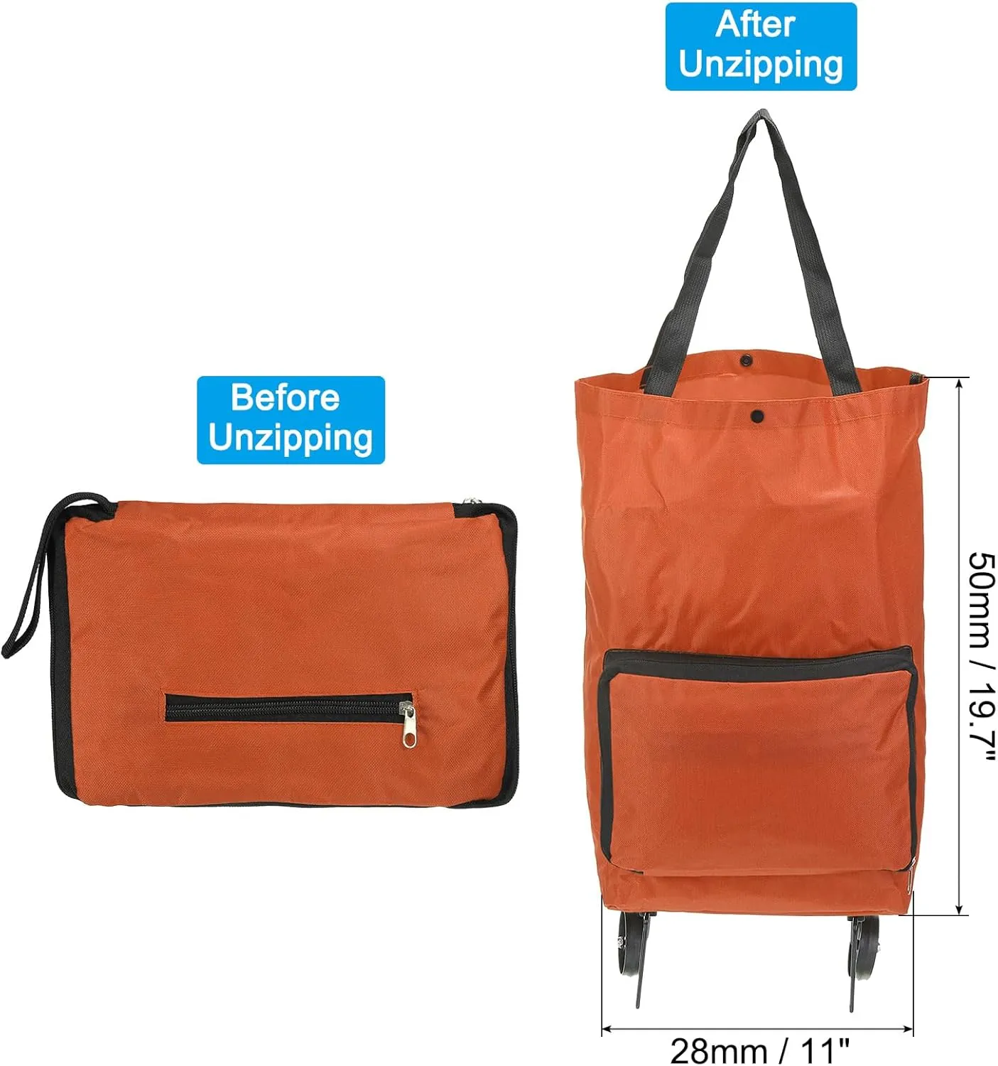 PATIKIL 13-18 Inch Foldable Shopping Cart, Collapsible Trolley Bags Reusable Shopping Bags Grocery Bags with Wheels for Vegetable Fruit Clothing Storage, Orange