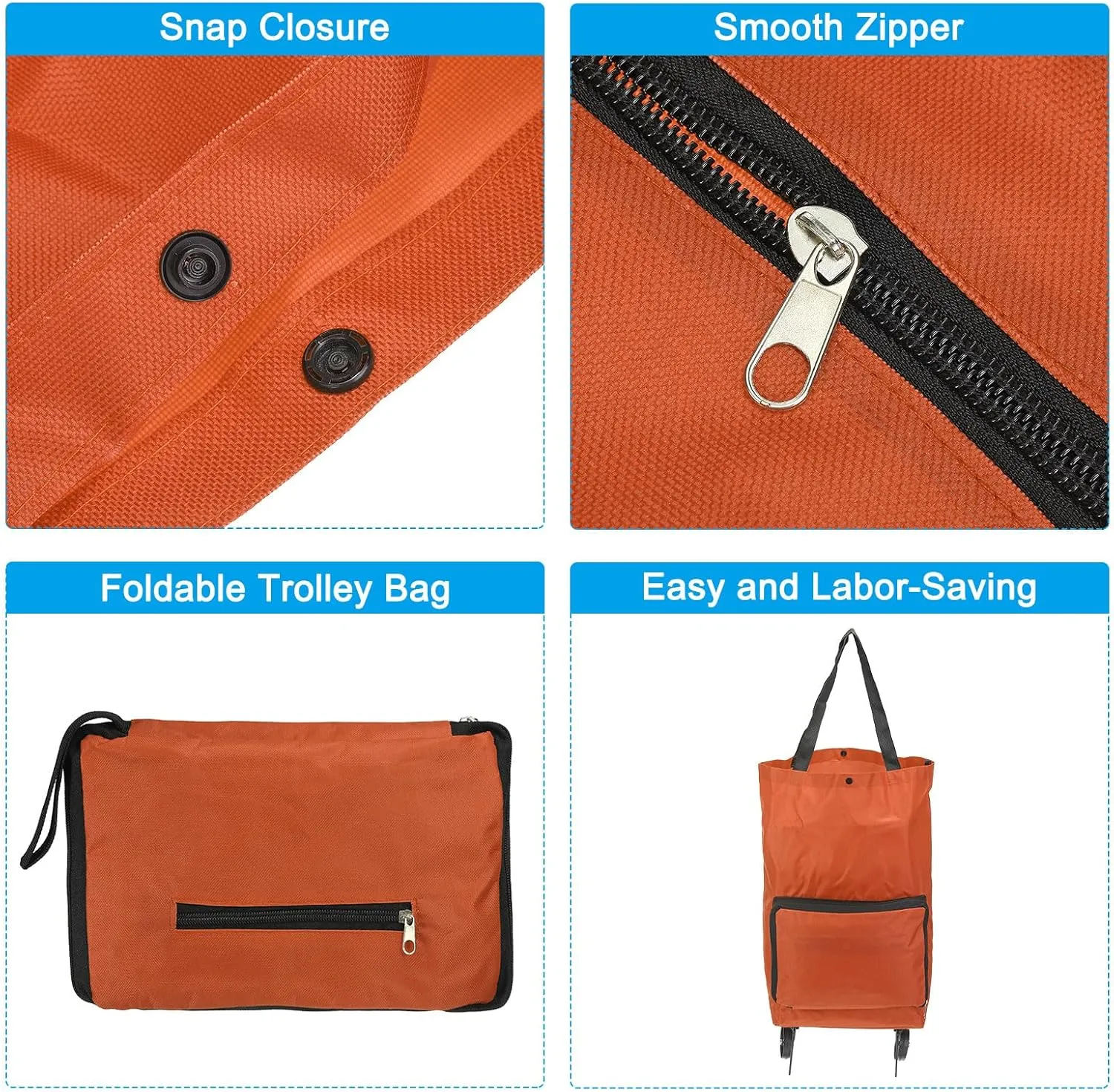 PATIKIL 13-18 Inch Foldable Shopping Cart, Collapsible Trolley Bags Reusable Shopping Bags Grocery Bags with Wheels for Vegetable Fruit Clothing Storage, Orange