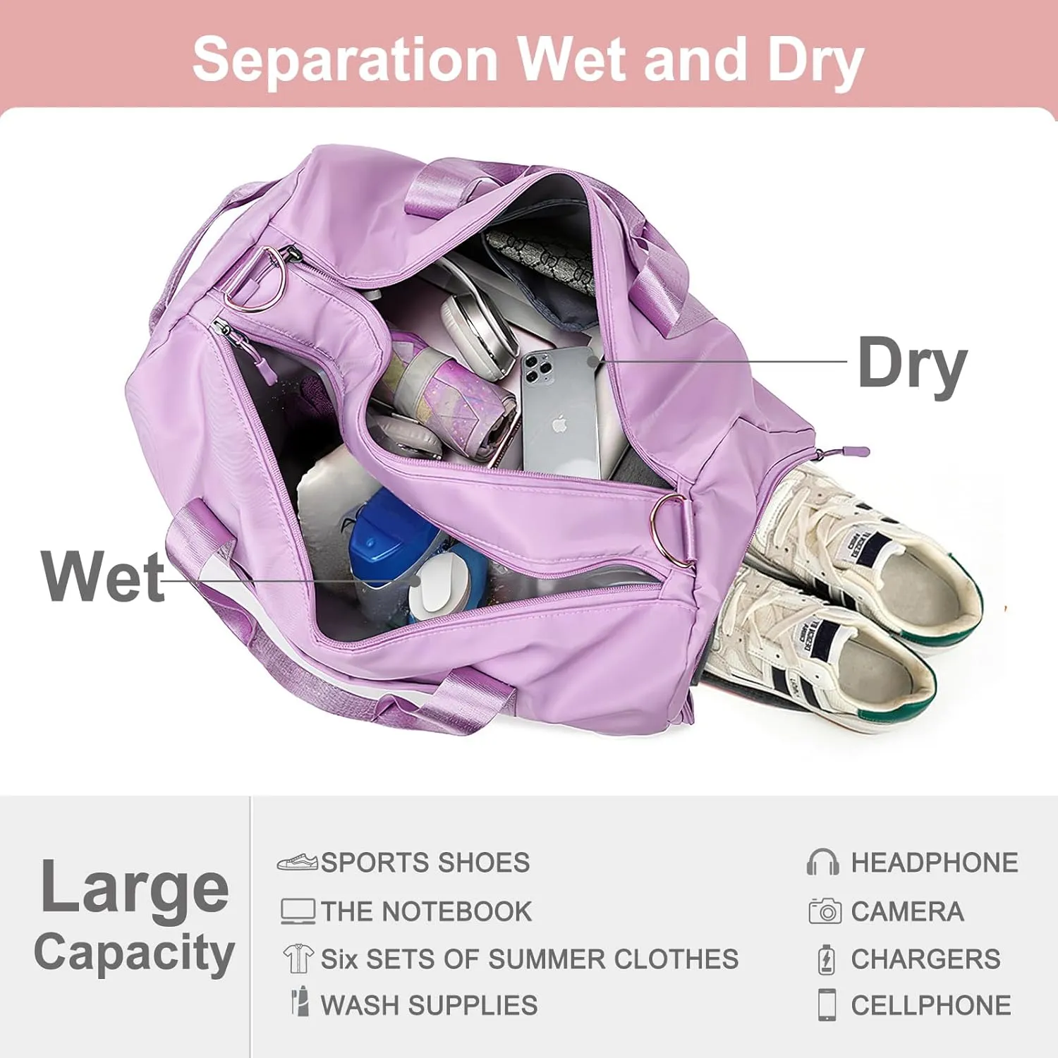 Personalized Ballet Duffle Bag for Women Girls,Custom Sport Gym Travel Bags Printed Name Text,Customized Dry Wet Separated Overnight Weekender Waterproof Bag Gift - Purple