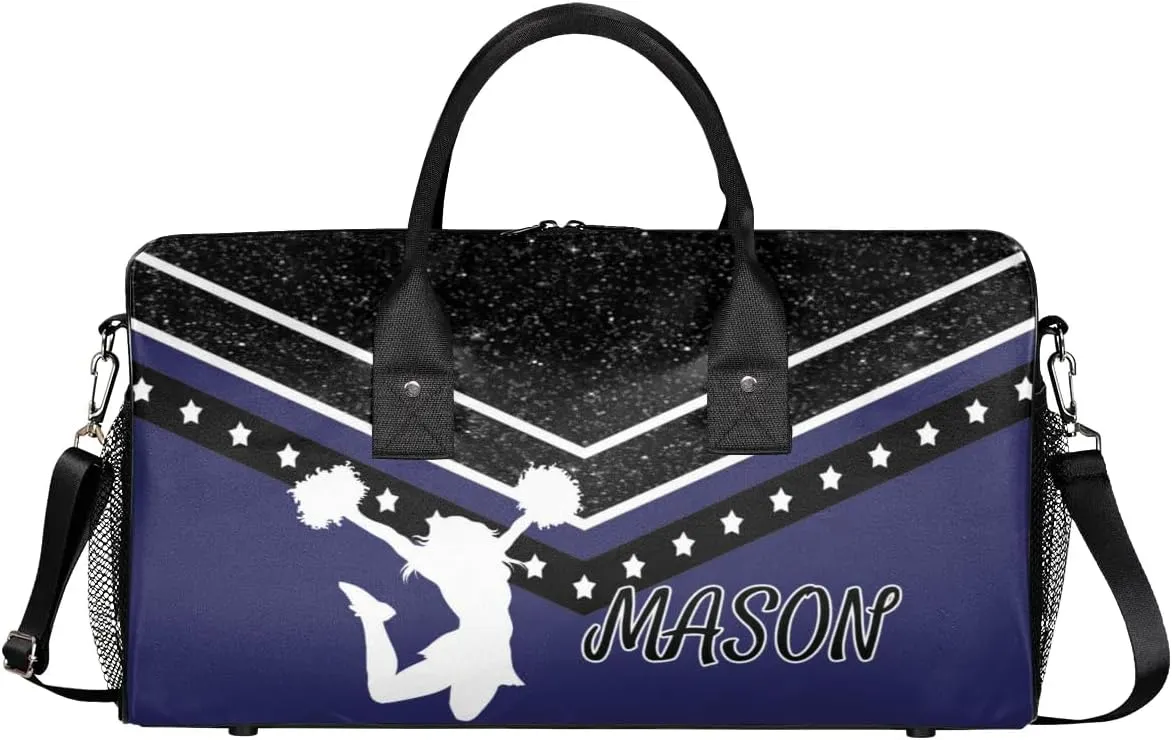 Personalized Cheer Bag for Cheerleader, Sport Duffel Bag with Name Customized Travel Overnight Weekender Bags, Dark Navy Cheerleading Silhouette
