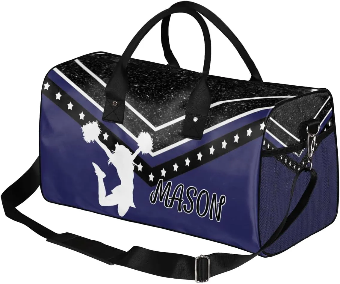 Personalized Cheer Bag for Cheerleader, Sport Duffel Bag with Name Customized Travel Overnight Weekender Bags, Dark Navy Cheerleading Silhouette