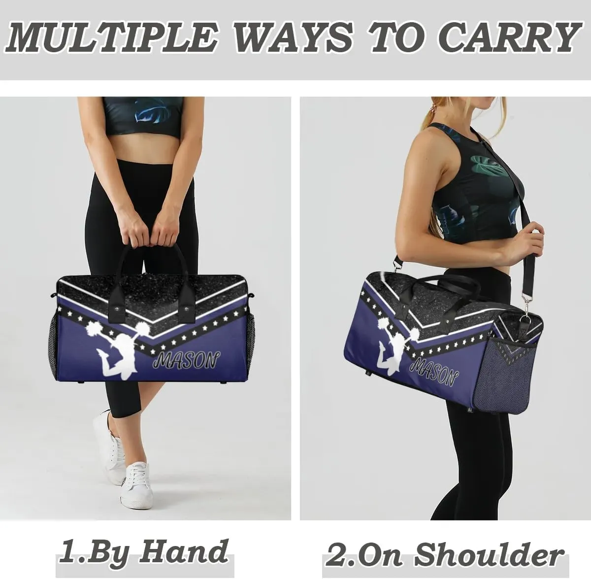 Personalized Cheer Bag for Cheerleader, Sport Duffel Bag with Name Customized Travel Overnight Weekender Bags, Dark Navy Cheerleading Silhouette