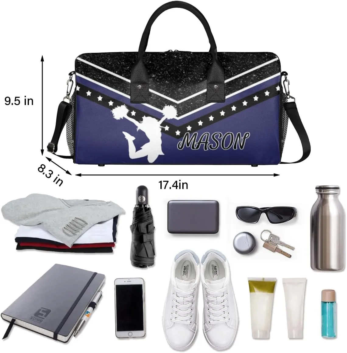 Personalized Cheer Bag for Cheerleader, Sport Duffel Bag with Name Customized Travel Overnight Weekender Bags, Dark Navy Cheerleading Silhouette