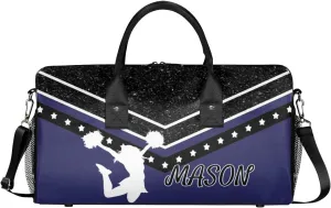 Personalized Cheer Bag for Cheerleader, Sport Duffel Bag with Name Customized Travel Overnight Weekender Bags, Dark Navy Cheerleading Silhouette
