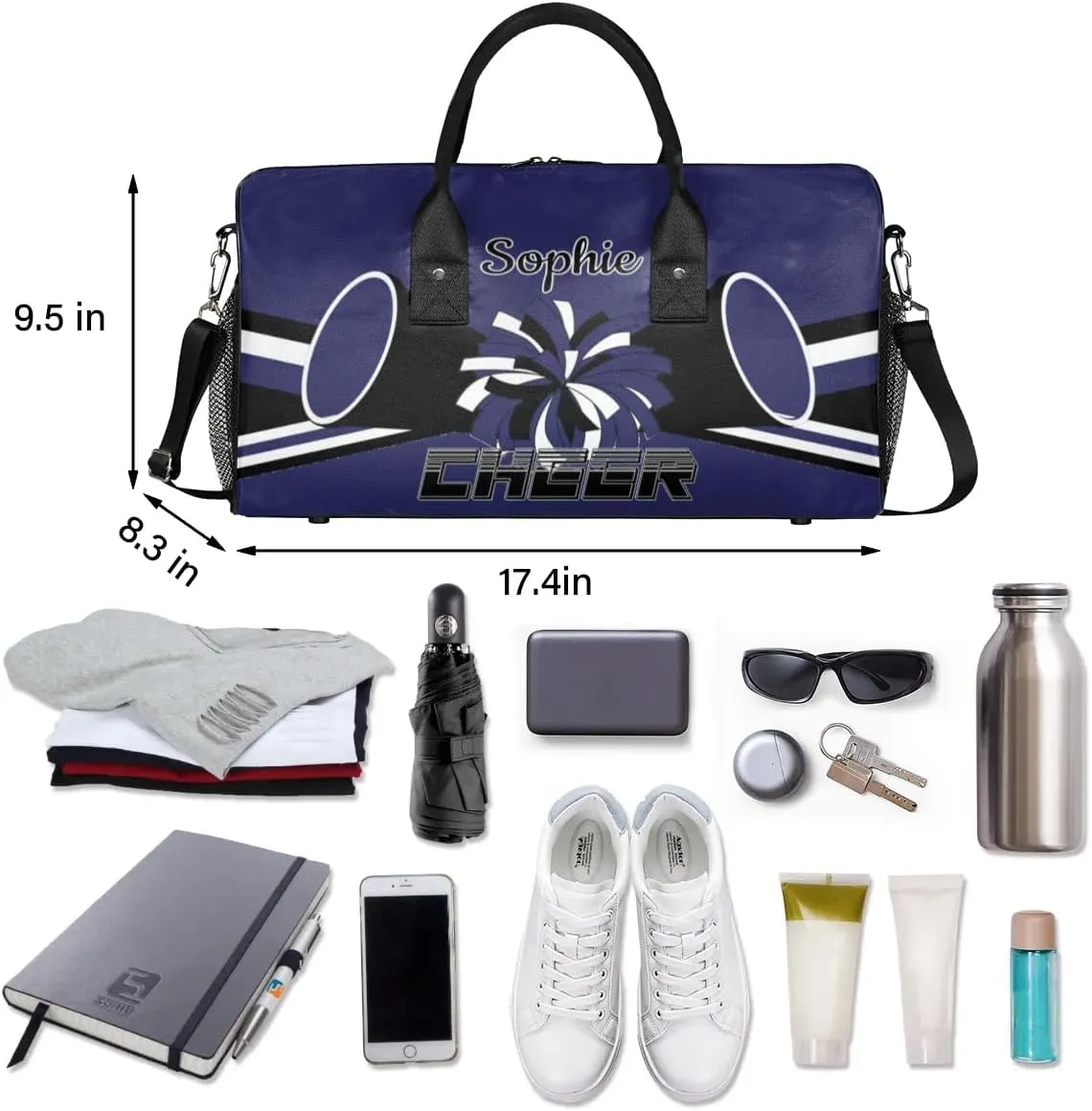 Personalized Cheer Bags for Cheerleaders Custom Sport Duffel Bag Gym Bag Travel Duffle Bag, Dark Navy Overnight Weekender Bag with Name