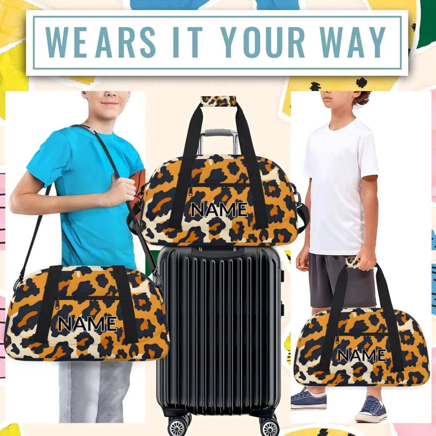 Personalized Custom Animal Leopard Gym Bag for Women Men Carry on Travel Duffel Tote Leopard Pattern Overnight Workout Weekender Bag