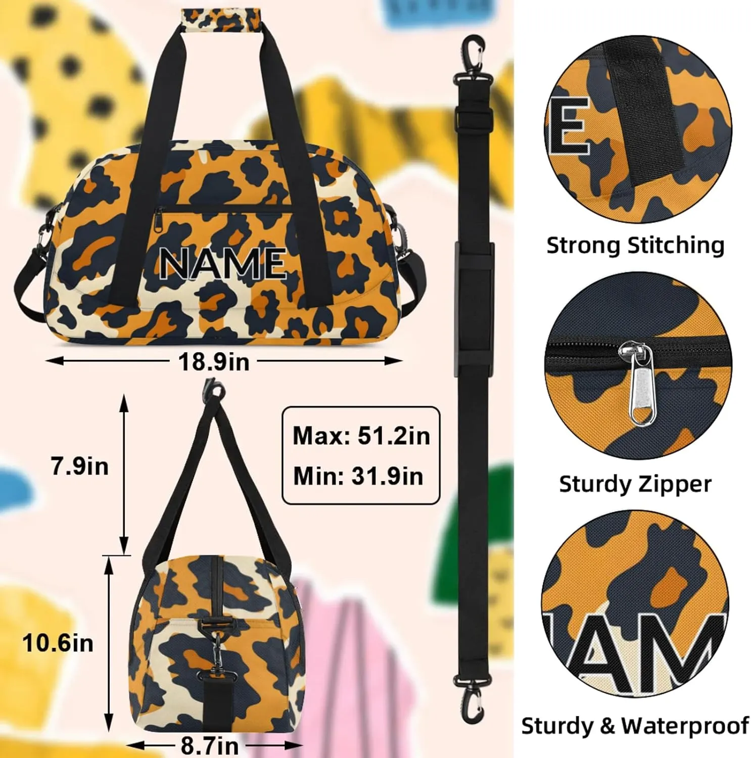 Personalized Custom Animal Leopard Gym Bag for Women Men Carry on Travel Duffel Tote Leopard Pattern Overnight Workout Weekender Bag