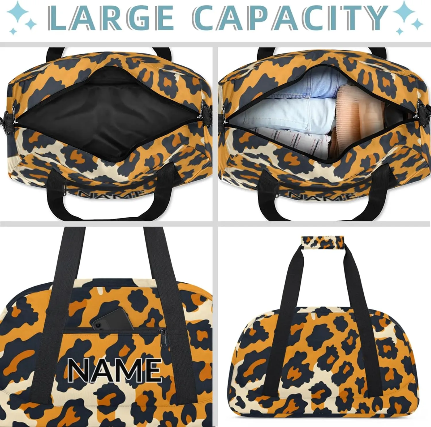 Personalized Custom Animal Leopard Gym Bag for Women Men Carry on Travel Duffel Tote Leopard Pattern Overnight Workout Weekender Bag