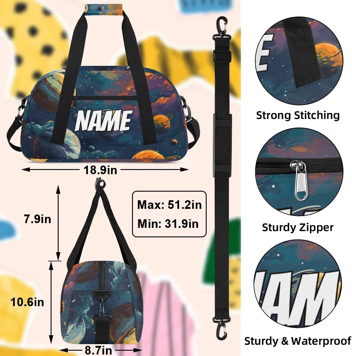 Personalized Custom Gym Bag for Women Men Carry on Universe Planet Travel Duffel Tote Outer Space Overnight Workout Weekender Bag