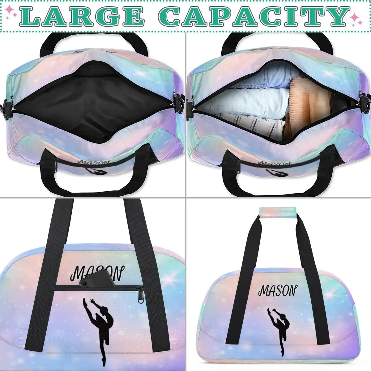 Personalized Dance Bag Gym Bag with Name for Women, Custom Sport Duffel Bag Overnight Weekender Bags Travel Duffel Bag with Dancing Silhouette, Abstract Glitter Pattern