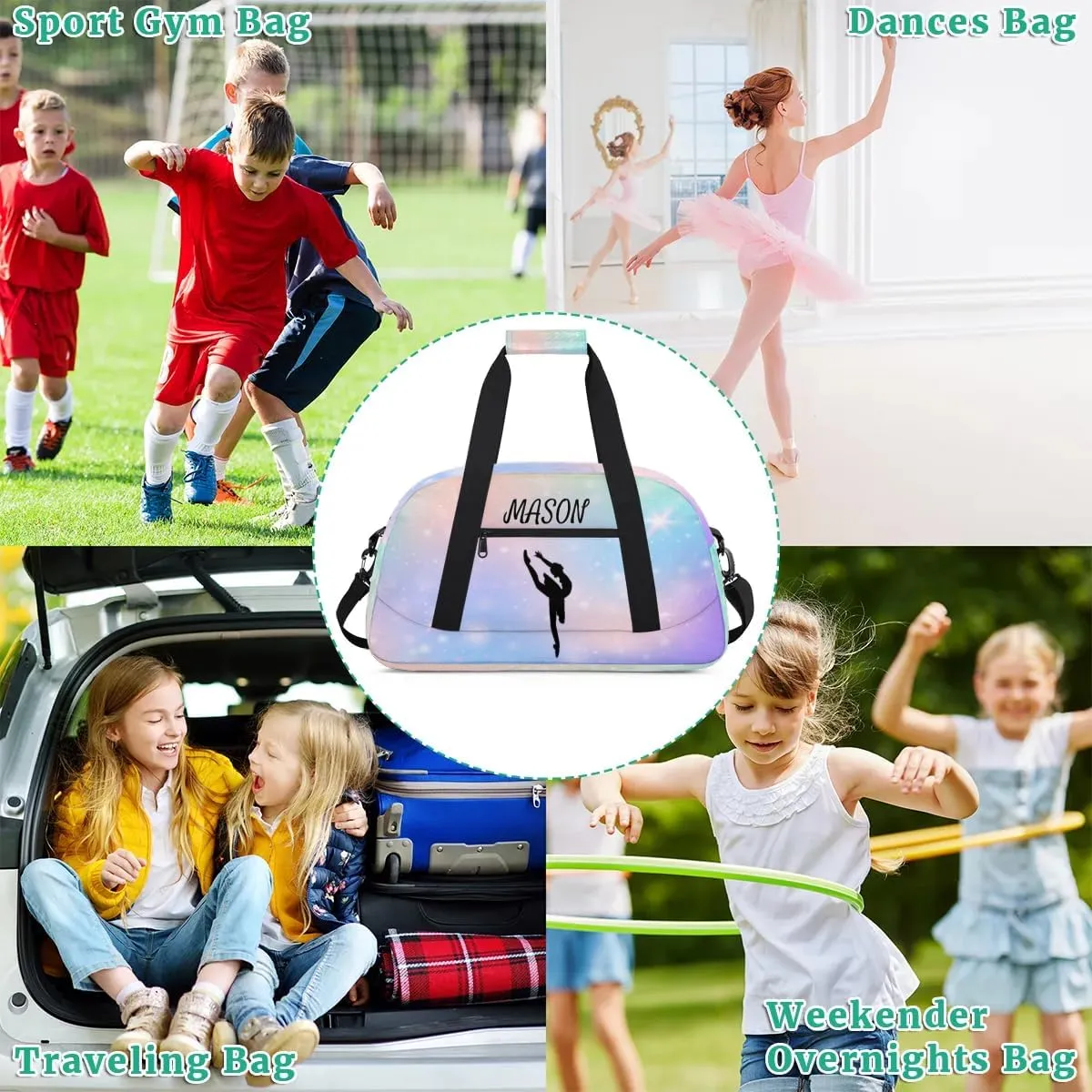 Personalized Dance Bag Gym Bag with Name for Women, Custom Sport Duffel Bag Overnight Weekender Bags Travel Duffel Bag with Dancing Silhouette, Abstract Glitter Pattern