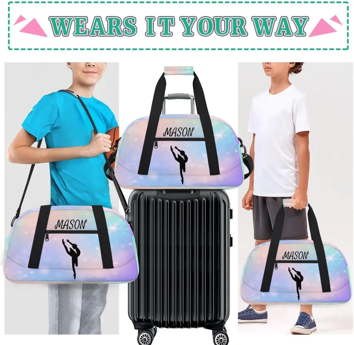 Personalized Dance Bag Gym Bag with Name for Women, Custom Sport Duffel Bag Overnight Weekender Bags Travel Duffel Bag with Dancing Silhouette, Abstract Glitter Pattern