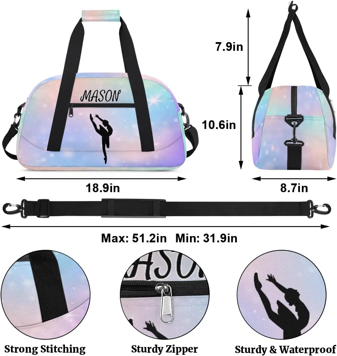 Personalized Dance Bag Gym Bag with Name for Women, Custom Sport Duffel Bag Overnight Weekender Bags Travel Duffel Bag with Dancing Silhouette, Abstract Glitter Pattern