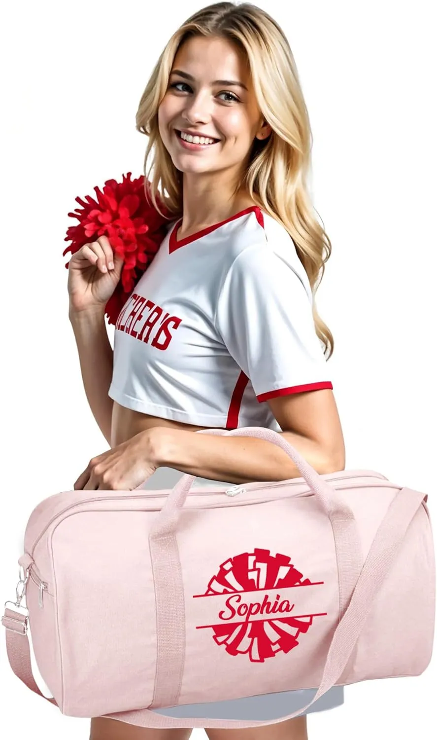 Personalized Duffle Bag with Name for Cheerleader, Personalized Weekender Duffle, Custom Carry On Tote Bags for Cheer Uniform, Travel Essentials Cheerleader Gifts Overnight Luggage Bag- Pink