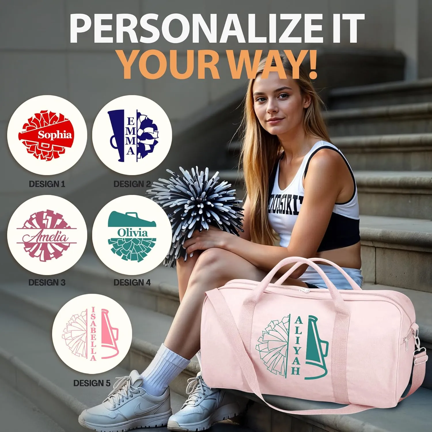Personalized Duffle Bag with Name for Cheerleader, Personalized Weekender Duffle, Custom Carry On Tote Bags for Cheer Uniform, Travel Essentials Cheerleader Gifts Overnight Luggage Bag- Pink