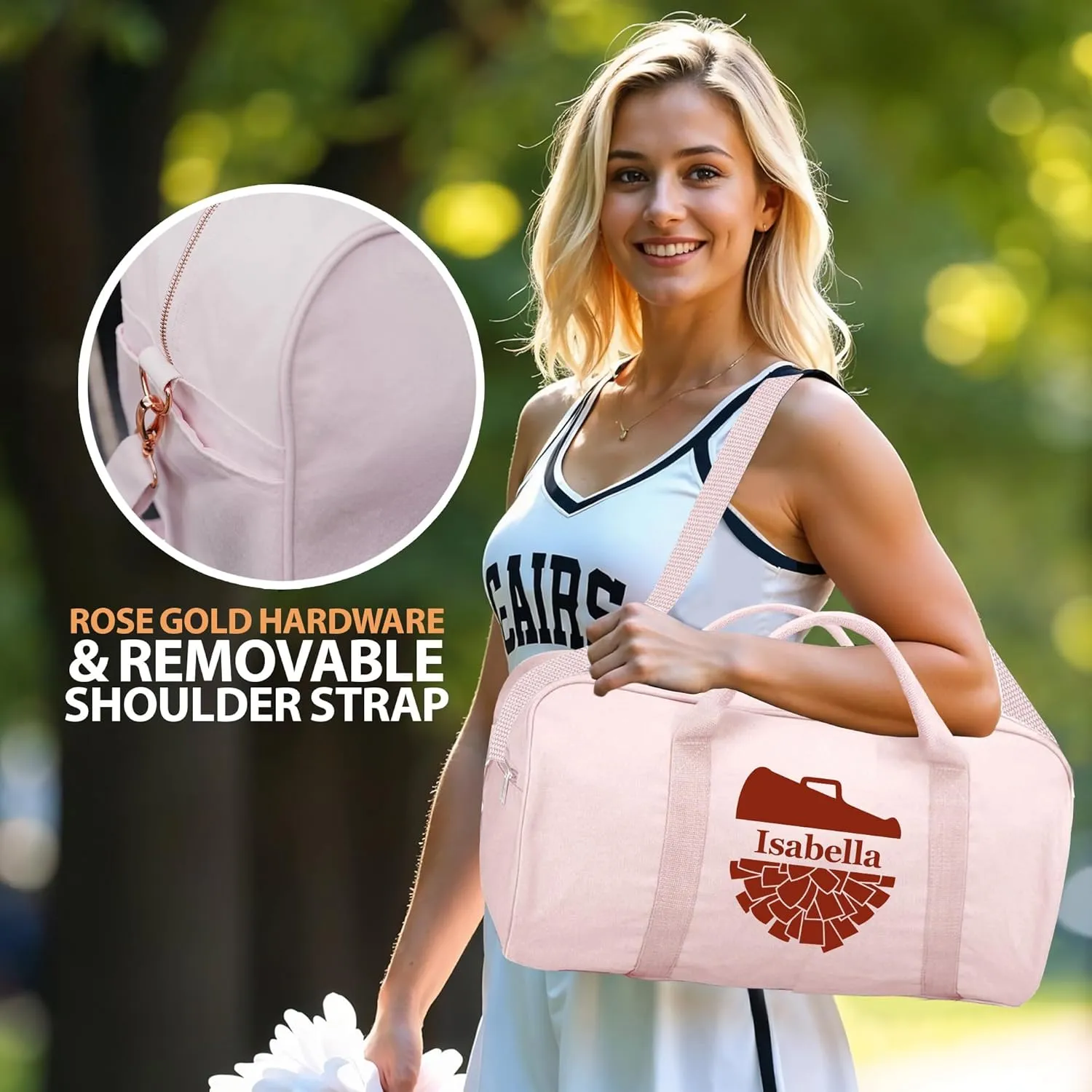 Personalized Duffle Bag with Name for Cheerleader, Personalized Weekender Duffle, Custom Carry On Tote Bags for Cheer Uniform, Travel Essentials Cheerleader Gifts Overnight Luggage Bag- Pink