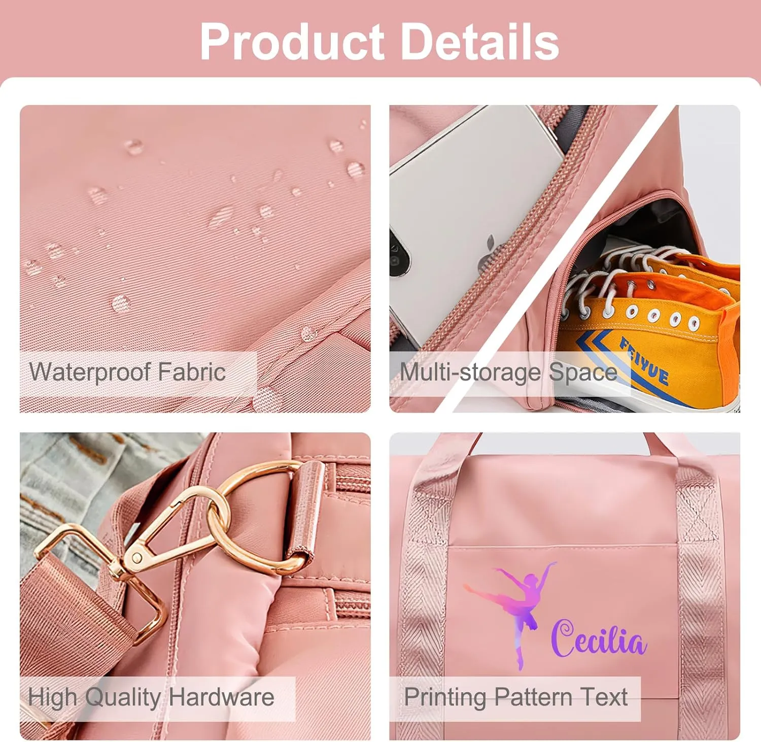 Personalized Gymnastics Duffle Bag for Women Girls,Custom Sport Gym Travel Bags Printed Name Text,Customized Dry Wet Separated Overnight Weekender Waterproof Bag Gift - Pink