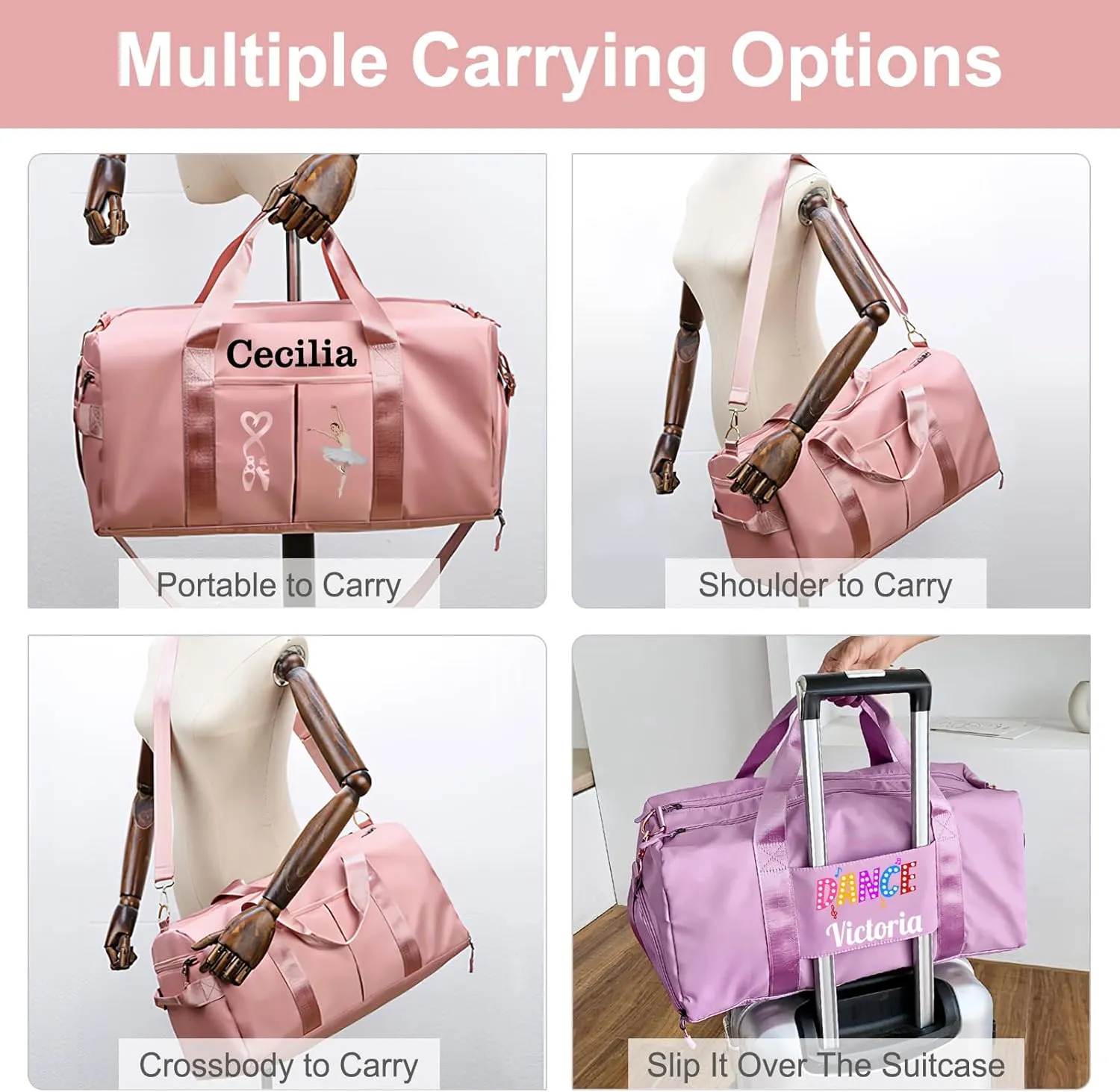 Personalized Gymnastics Duffle Bag for Women Girls,Custom Sport Gym Travel Bags Printed Name Text,Customized Dry Wet Separated Overnight Weekender Waterproof Bag Gift - Pink