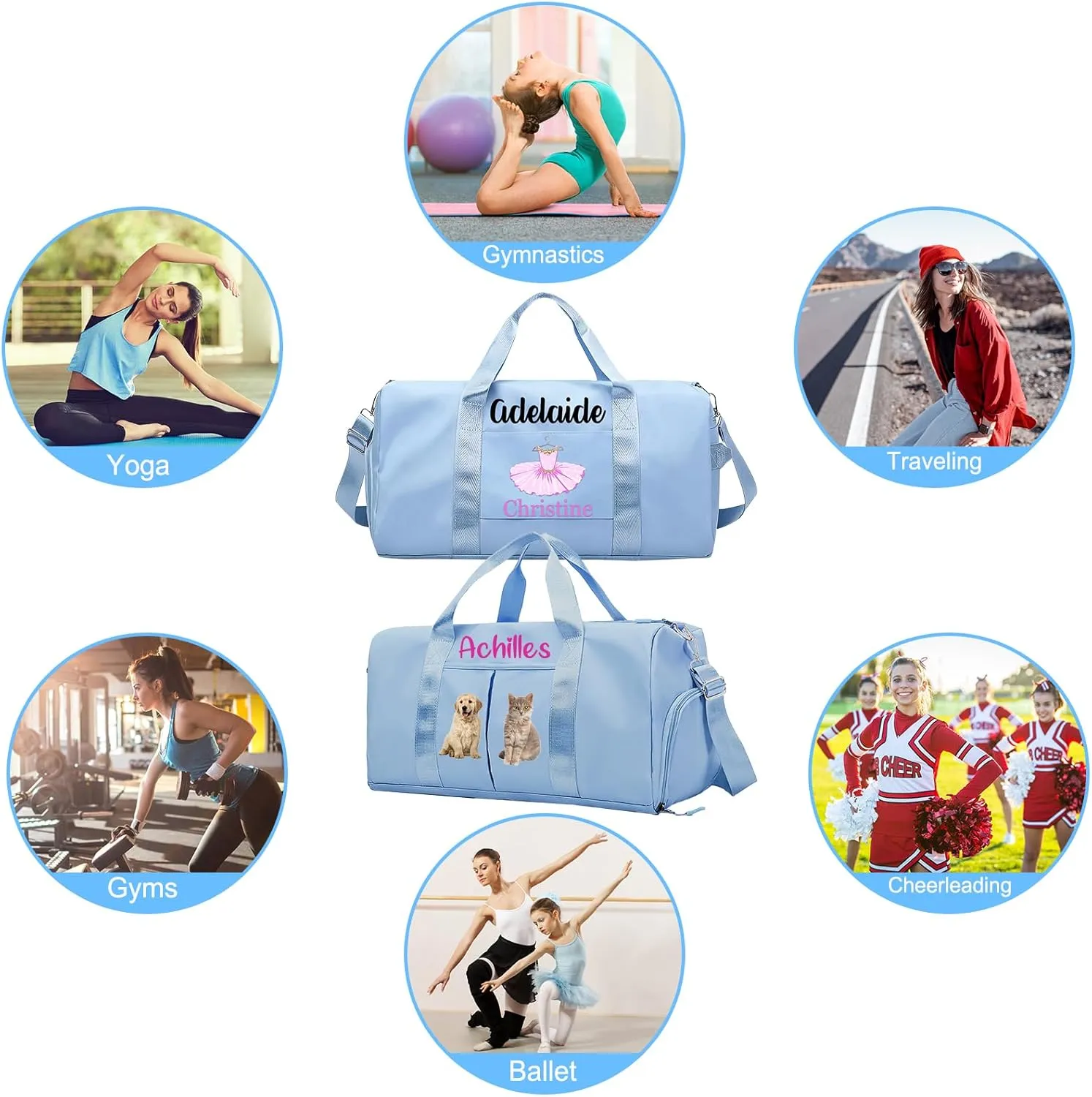 Personalized Gymnastics Duffle Bag for Women Girls,Custom Sport Gym Travel Bags Printed Name Text,Customized Dry Wet Separated Overnight Weekender Waterproof Bag Gift - Pink