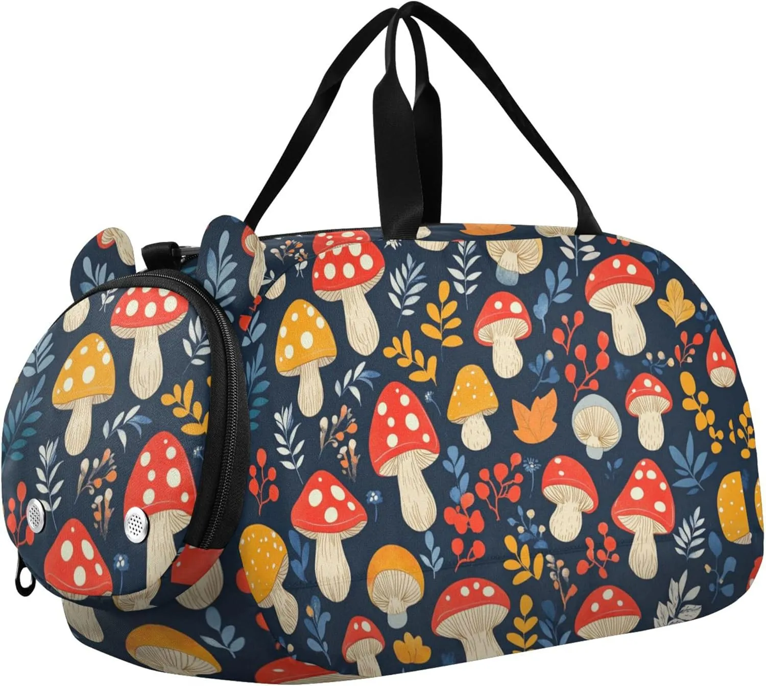 Personalized Mushroom Leaf Navy Blue Gym Duffel Bag with Shoes Compartment Lightweight Weekender Overnight Dance Bag for Beach Swim Bags Pool Sports
