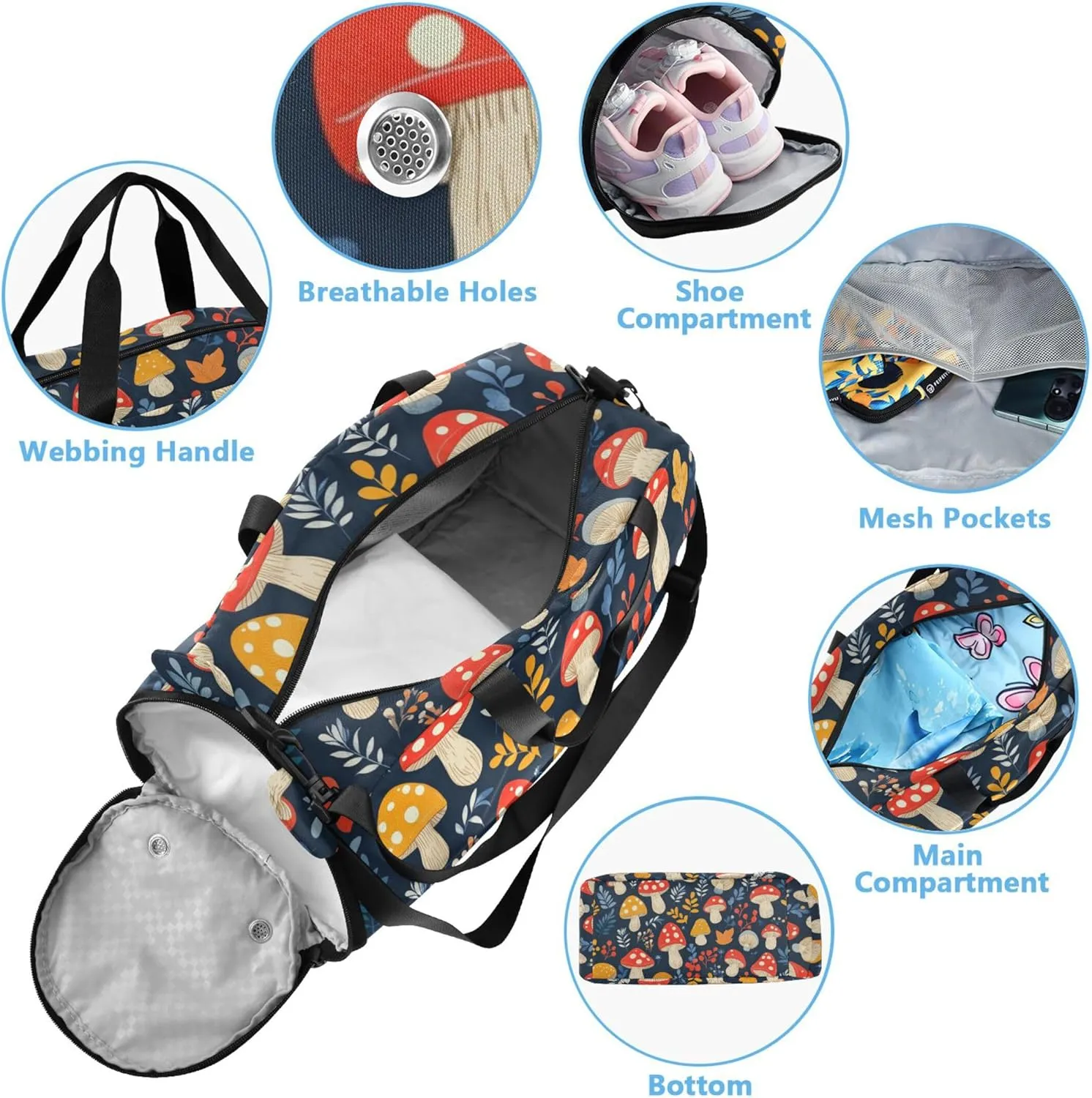 Personalized Mushroom Leaf Navy Blue Gym Duffel Bag with Shoes Compartment Lightweight Weekender Overnight Dance Bag for Beach Swim Bags Pool Sports