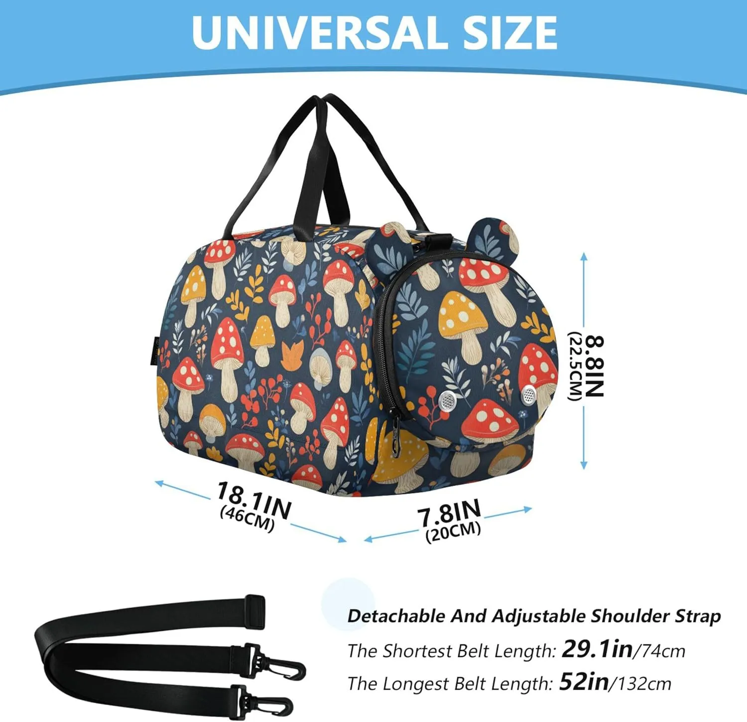 Personalized Mushroom Leaf Navy Blue Gym Duffel Bag with Shoes Compartment Lightweight Weekender Overnight Dance Bag for Beach Swim Bags Pool Sports
